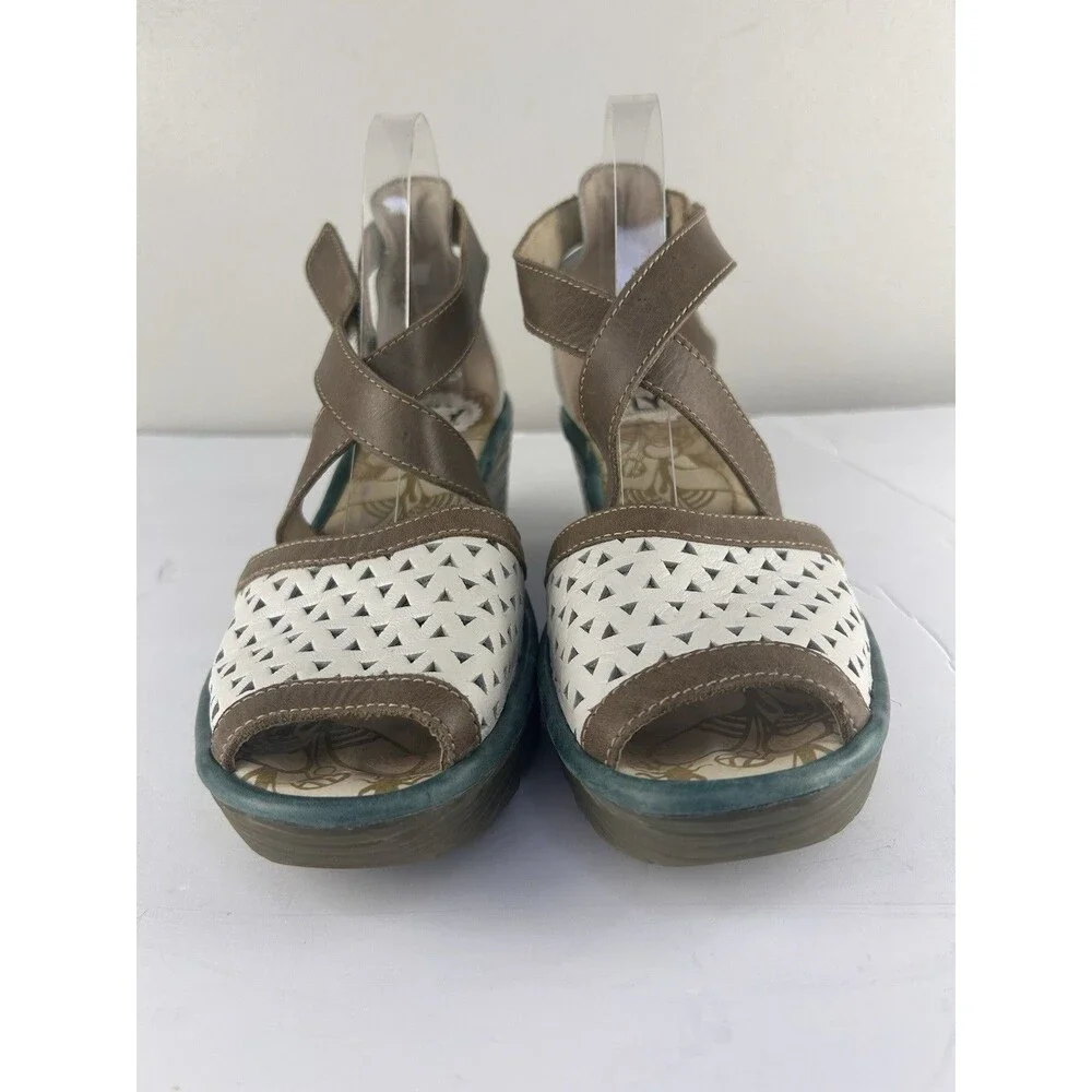 Fly London W EU 41 YUMO White Leather Brown Green Trim Wedge Sandals US 10-10.5